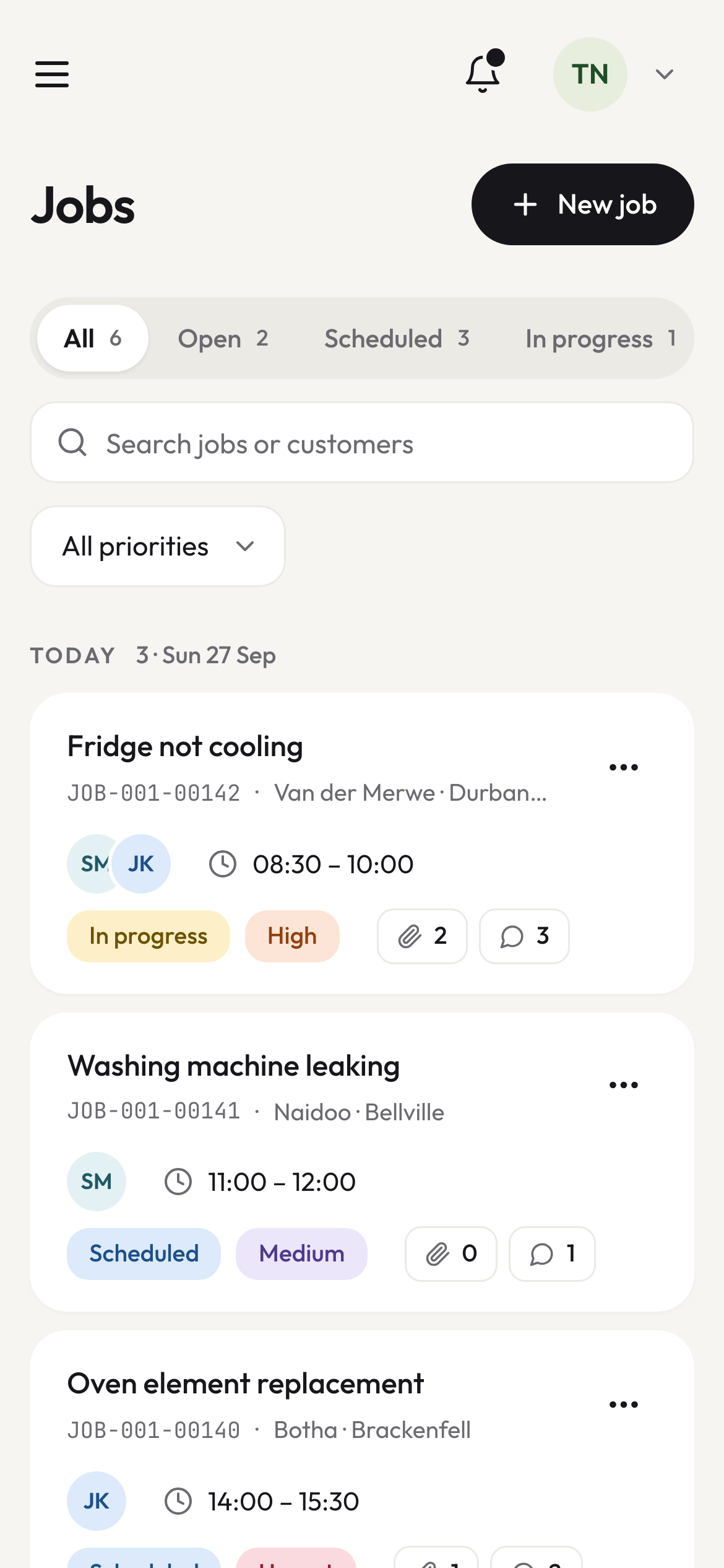 The job app on a phone, showing today's jobs