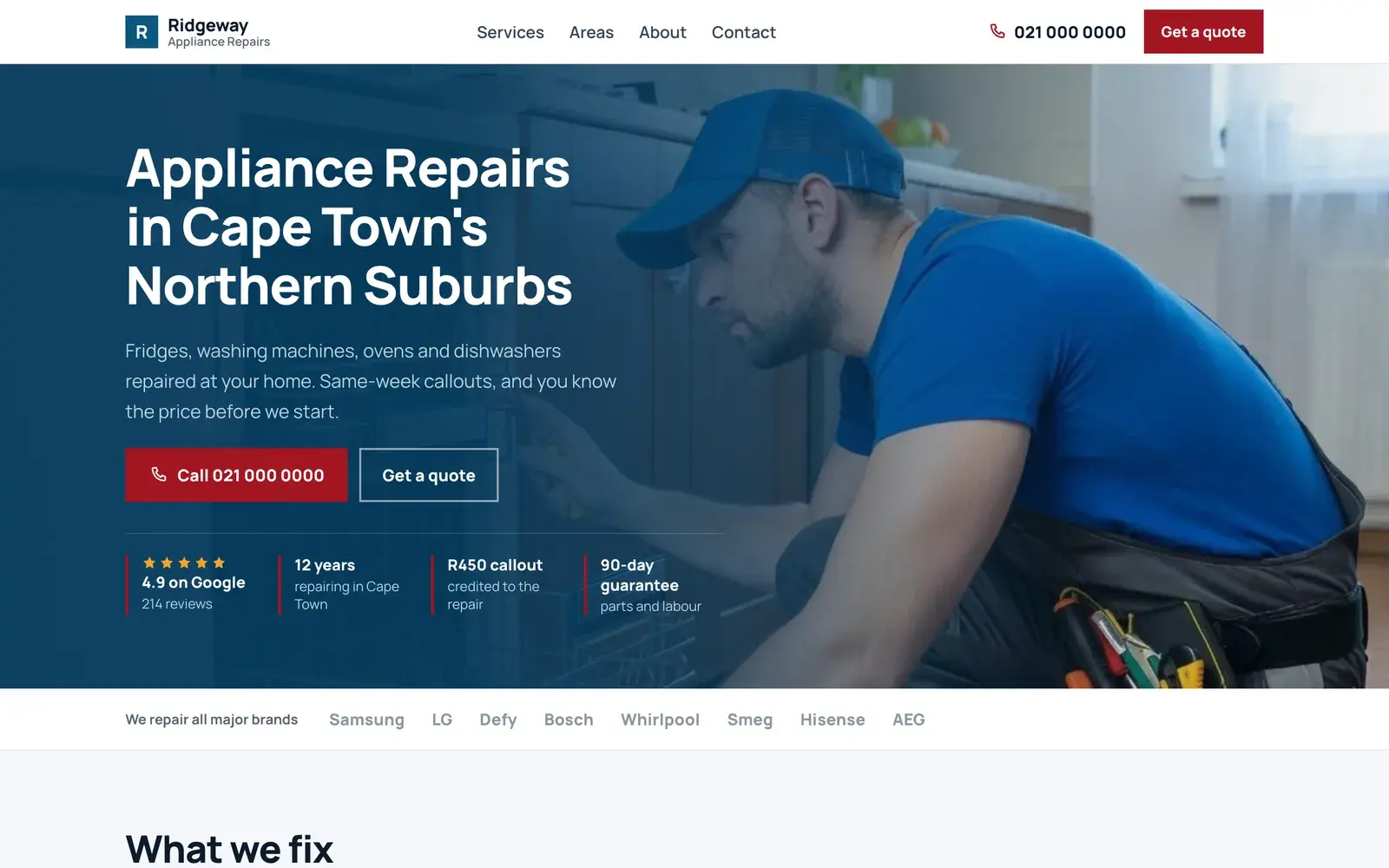 A home service website on a desktop screen: services, suburbs, Google rating and a call button