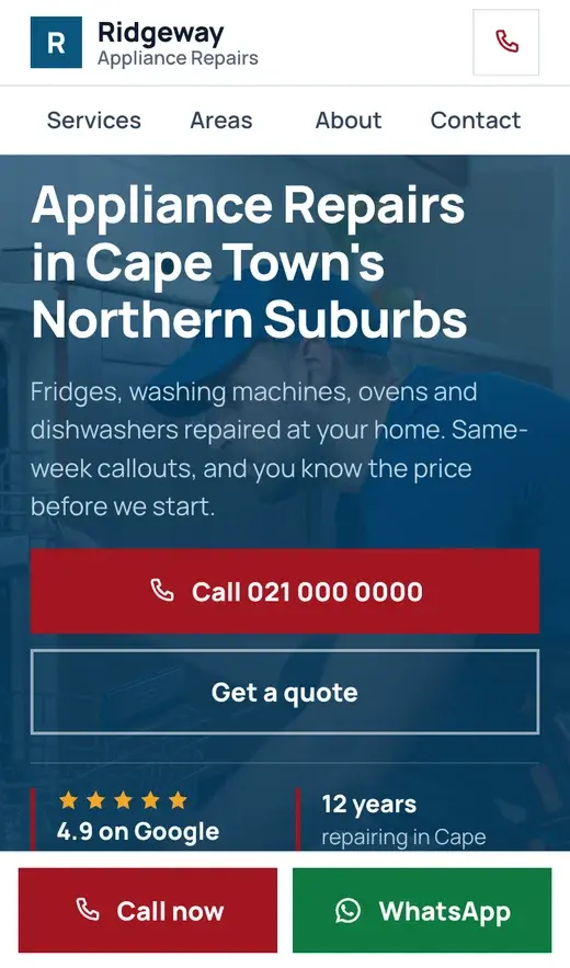 A demo client site on a phone, with the call button fixed to the bottom of the screen