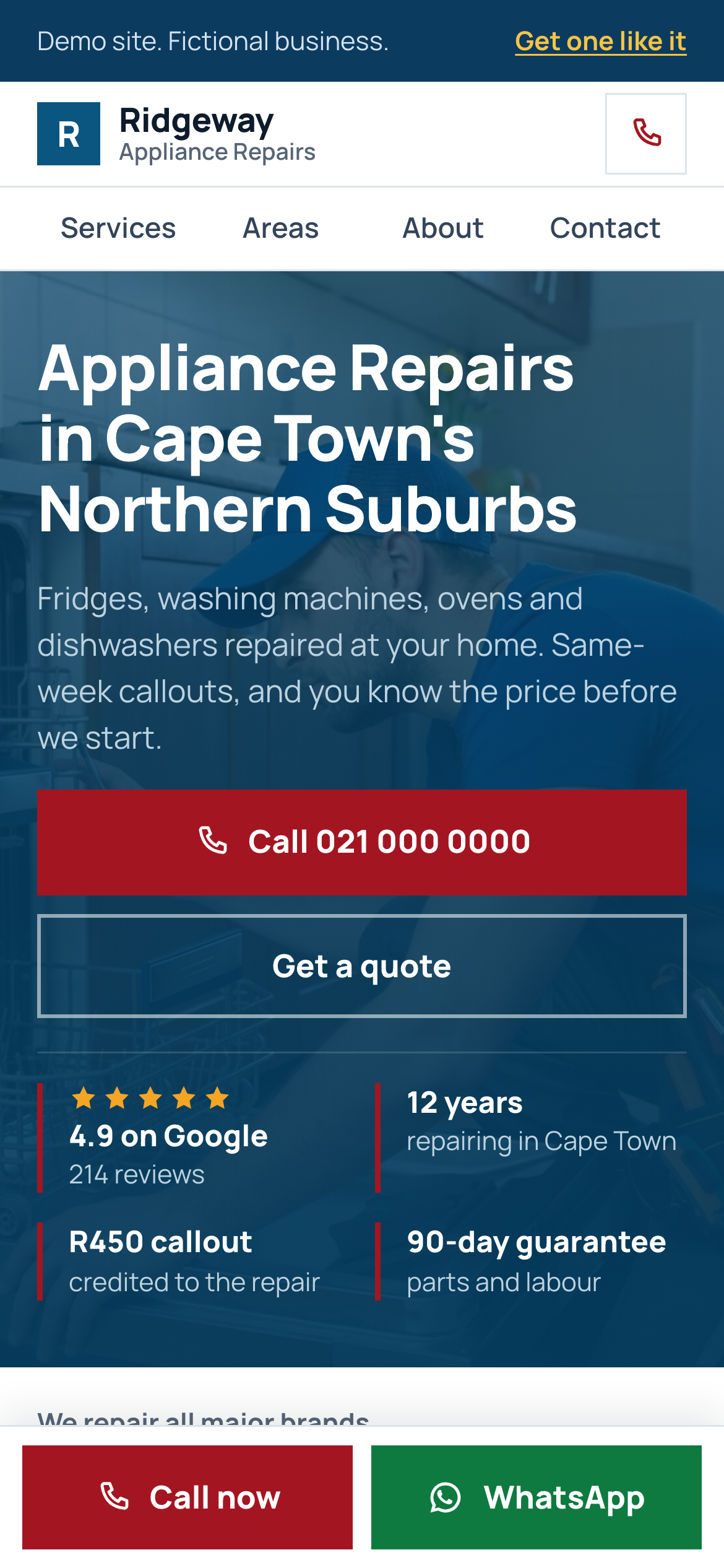 An appliance repair website on a phone, with Call now and WhatsApp buttons fixed to the bottom